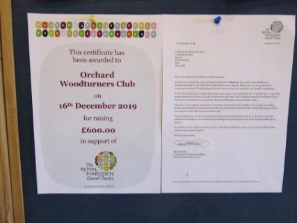 Certificate received from the Royal Marsden cancer charity